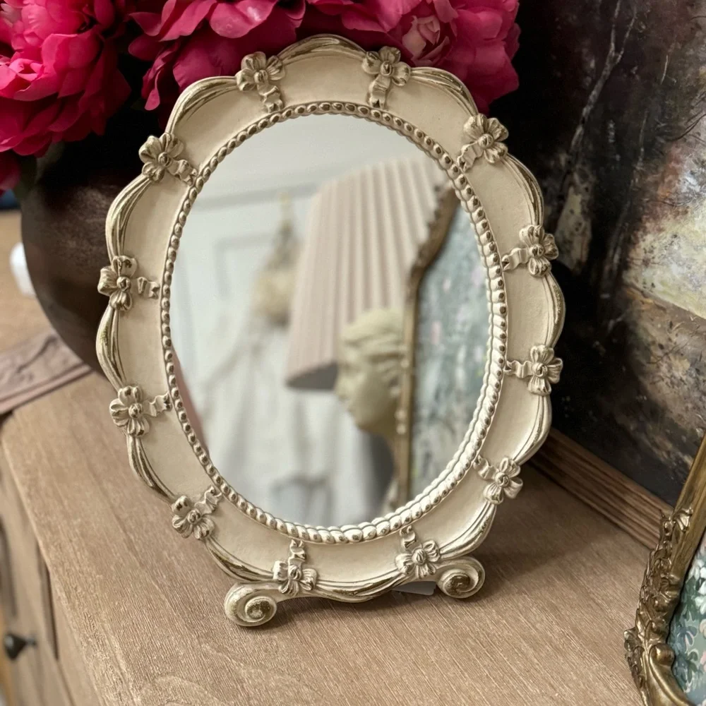 Vintage Syroco Inc Weathered Off White Easel Vanity Oval Mirrored